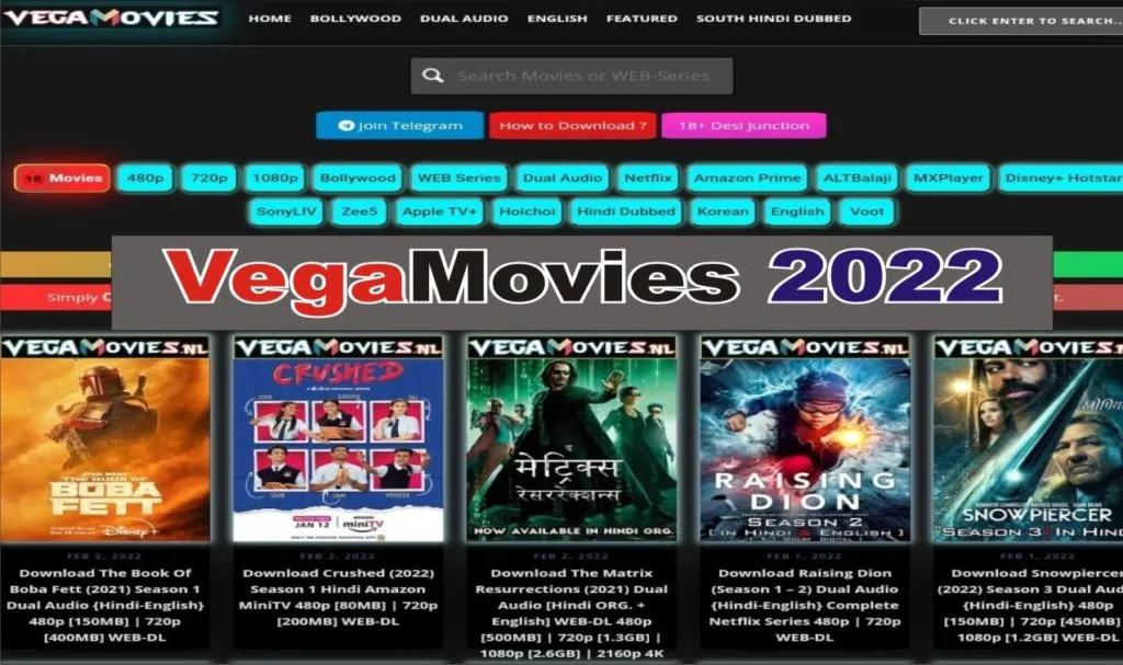 Vegamovies 2.0 platform offering free HD movie downloads and streaming